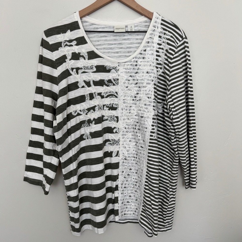 Chico's Striped Lace Sequin Top Olive Green White Coastal Boho Size 4 XXL
